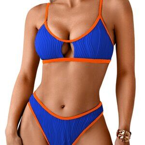 Blue & Orange Ribbed Keyhole Bikini Set | Size M | NWT